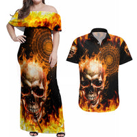 Magic Fire Skull Couples Matching Off Shoulder Maxi Dress and Hawaiian Shirt I Can't Go To Hell The Devil Still Has A Rest Training Oder Against Me - Wonder Print Shop