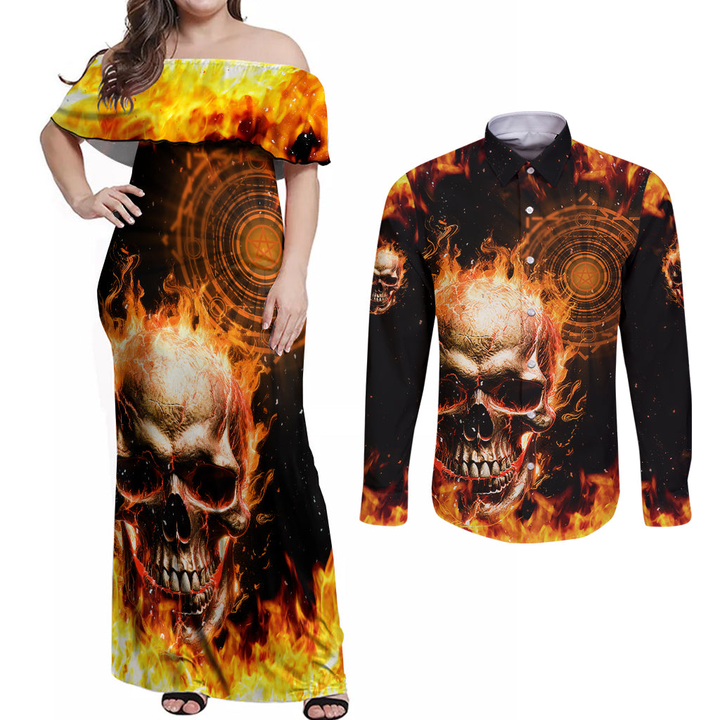Magic Fire Skull Couples Matching Off Shoulder Maxi Dress and Long Sleeve Button Shirts I Can't Go To Hell The Devil Still Has A Rest Training Oder Against Me - Wonder Print Shop