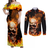 Magic Fire Skull Couples Matching Off Shoulder Maxi Dress and Long Sleeve Button Shirts I Can't Go To Hell The Devil Still Has A Rest Training Oder Against Me - Wonder Print Shop