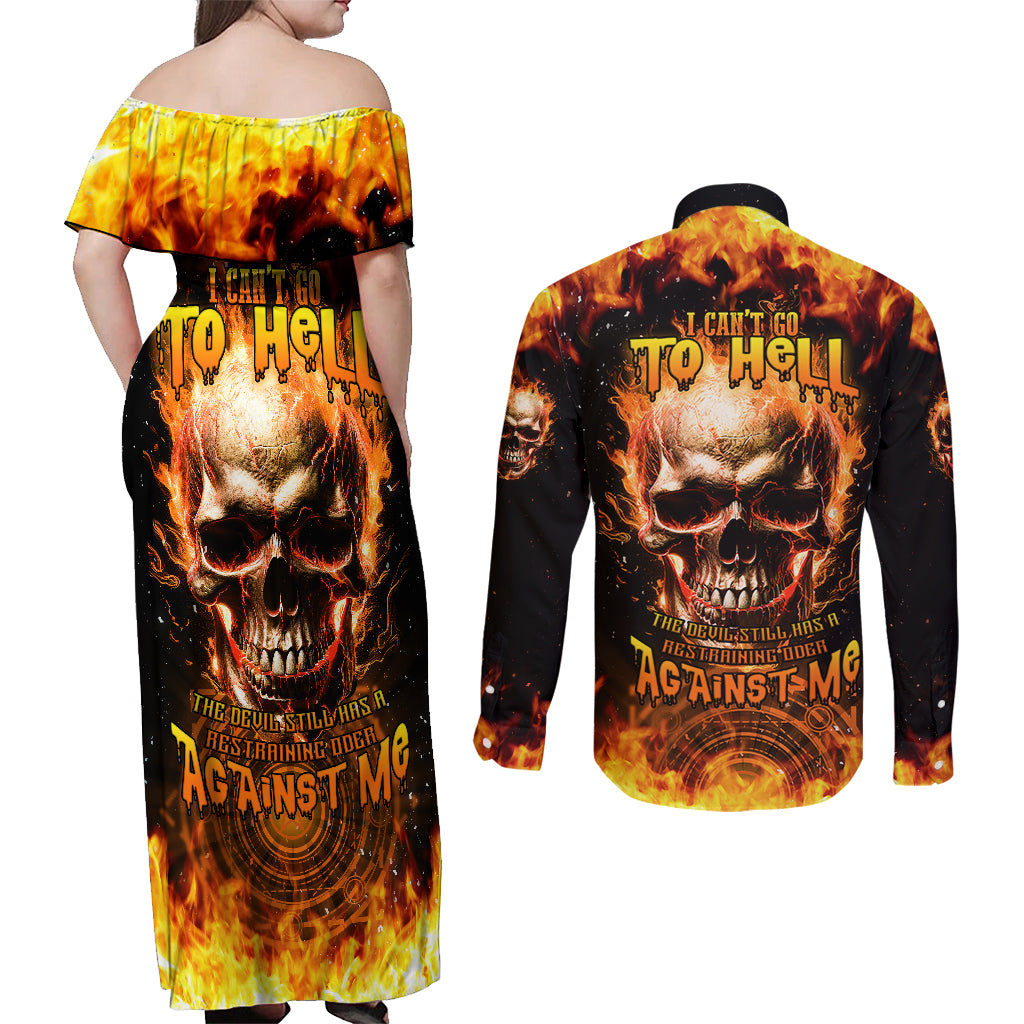 Magic Fire Skull Couples Matching Off Shoulder Maxi Dress and Long Sleeve Button Shirts I Can't Go To Hell The Devil Still Has A Rest Training Oder Against Me - Wonder Print Shop