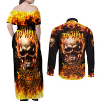 Magic Fire Skull Couples Matching Off Shoulder Maxi Dress and Long Sleeve Button Shirts I Can't Go To Hell The Devil Still Has A Rest Training Oder Against Me - Wonder Print Shop