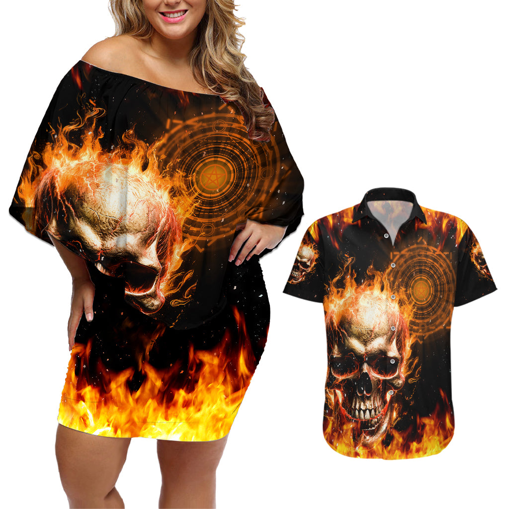 Magic Fire Skull Couples Matching Off Shoulder Short Dress and Hawaiian Shirt I Can't Go To Hell The Devil Still Has A Rest Training Oder Against Me - Wonder Print Shop