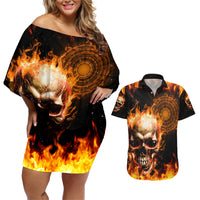 Magic Fire Skull Couples Matching Off Shoulder Short Dress and Hawaiian Shirt I Can't Go To Hell The Devil Still Has A Rest Training Oder Against Me - Wonder Print Shop
