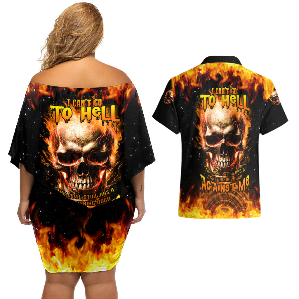 Magic Fire Skull Couples Matching Off Shoulder Short Dress and Hawaiian Shirt I Can't Go To Hell The Devil Still Has A Rest Training Oder Against Me - Wonder Print Shop