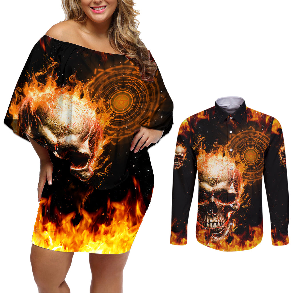Magic Fire Skull Couples Matching Off Shoulder Short Dress and Long Sleeve Button Shirts I Can't Go To Hell The Devil Still Has A Rest Training Oder Against Me - Wonder Print Shop