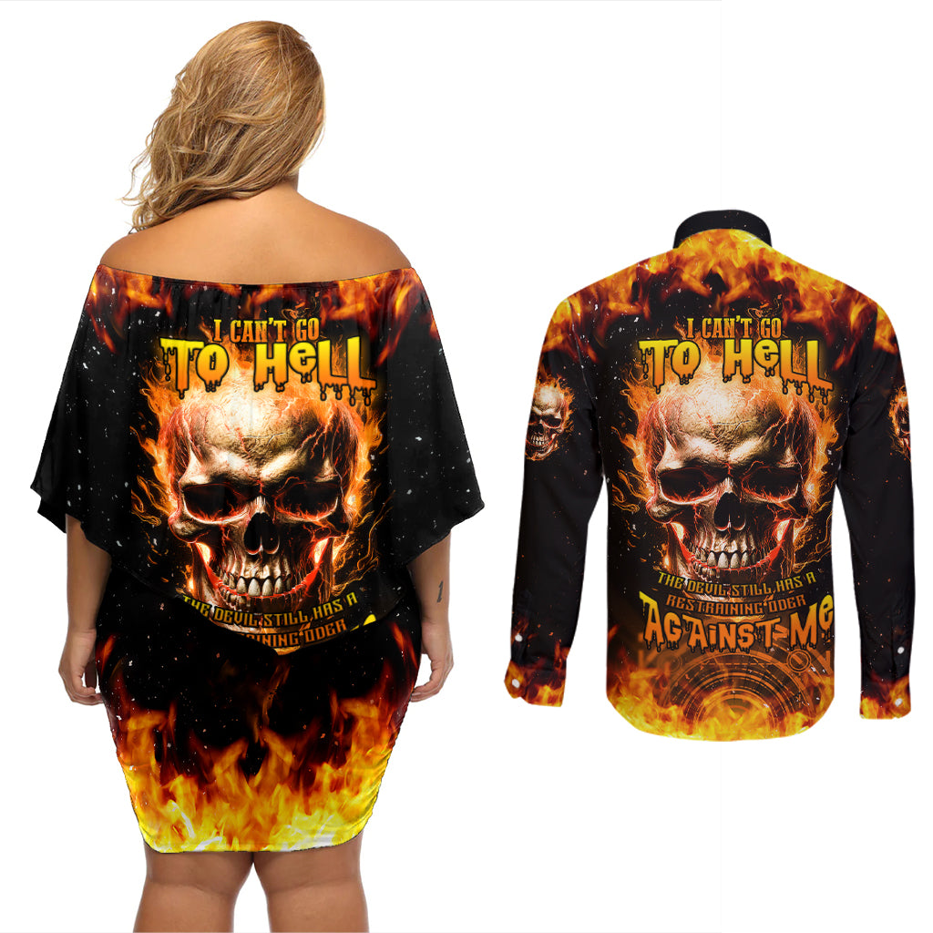 Magic Fire Skull Couples Matching Off Shoulder Short Dress and Long Sleeve Button Shirts I Can't Go To Hell The Devil Still Has A Rest Training Oder Against Me - Wonder Print Shop