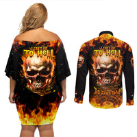 Magic Fire Skull Couples Matching Off Shoulder Short Dress and Long Sleeve Button Shirts I Can't Go To Hell The Devil Still Has A Rest Training Oder Against Me - Wonder Print Shop