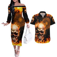Magic Fire Skull Couples Matching Off The Shoulder Long Sleeve Dress and Hawaiian Shirt I Can't Go To Hell The Devil Still Has A Rest Training Oder Against Me - Wonder Print Shop