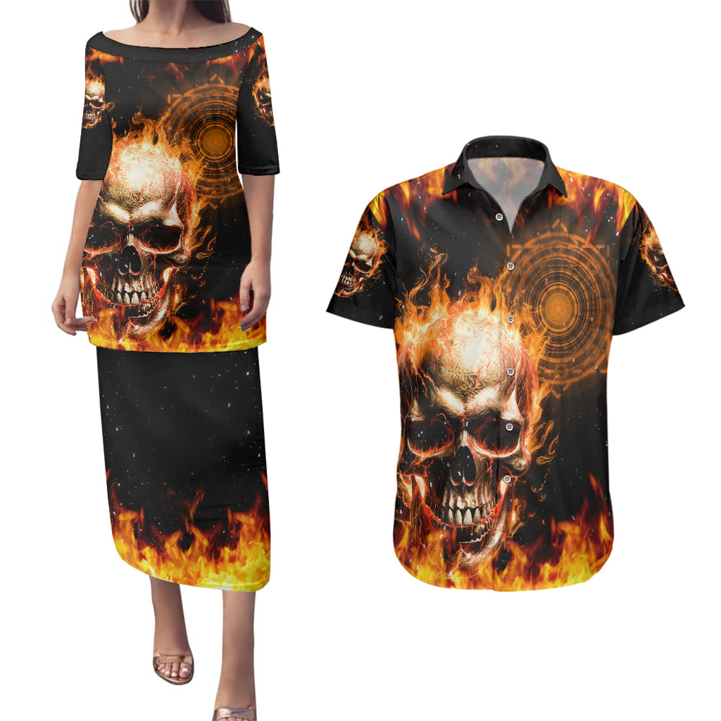 Magic Fire Skull Couples Matching Puletasi Dress and Hawaiian Shirt I Can't Go To Hell The Devil Still Has A Rest Training Oder Against Me - Wonder Print Shop