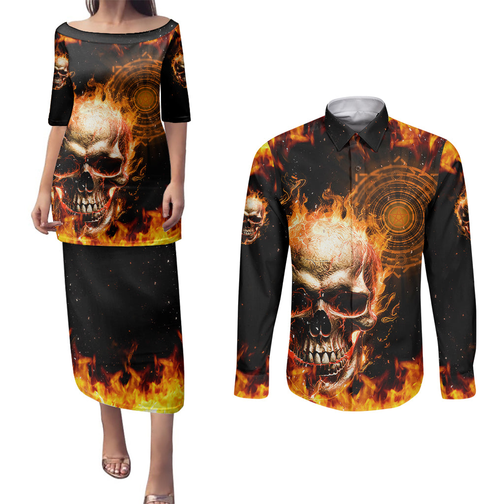 Magic Fire Skull Couples Matching Puletasi Dress and Long Sleeve Button Shirts I Can't Go To Hell The Devil Still Has A Rest Training Oder Against Me - Wonder Print Shop