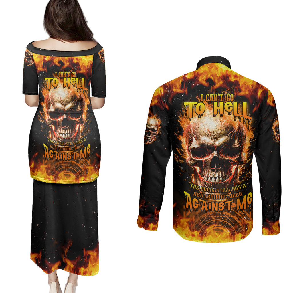 Magic Fire Skull Couples Matching Puletasi Dress and Long Sleeve Button Shirts I Can't Go To Hell The Devil Still Has A Rest Training Oder Against Me - Wonder Print Shop