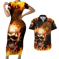 Magic Fire Skull Couples Matching Short Sleeve Bodycon Dress and Hawaiian Shirt I Can't Go To Hell The Devil Still Has A Rest Training Oder Against Me - Wonder Print Shop