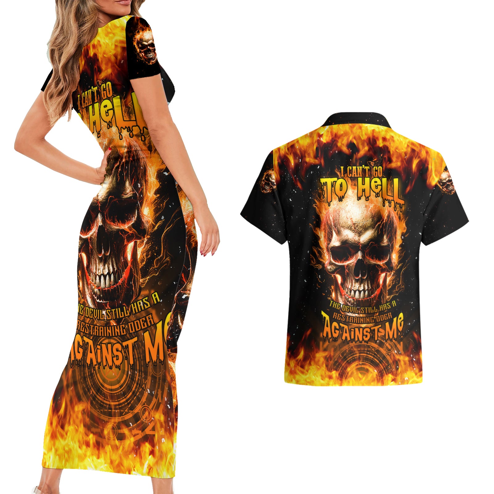 Magic Fire Skull Couples Matching Short Sleeve Bodycon Dress and Hawaiian Shirt I Can't Go To Hell The Devil Still Has A Rest Training Oder Against Me - Wonder Print Shop