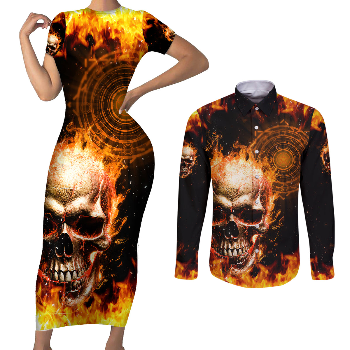 Magic Fire Skull Couples Matching Short Sleeve Bodycon Dress and Long Sleeve Button Shirts I Can't Go To Hell The Devil Still Has A Rest Training Oder Against Me - Wonder Print Shop