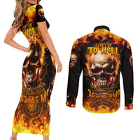 Magic Fire Skull Couples Matching Short Sleeve Bodycon Dress and Long Sleeve Button Shirts I Can't Go To Hell The Devil Still Has A Rest Training Oder Against Me - Wonder Print Shop