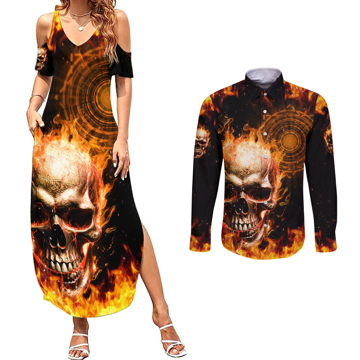 Magic Fire Skull Couples Matching Summer Maxi Dress and Long Sleeve Button Shirts I Can't Go To Hell The Devil Still Has A Rest Training Oder Against Me - Wonder Print Shop