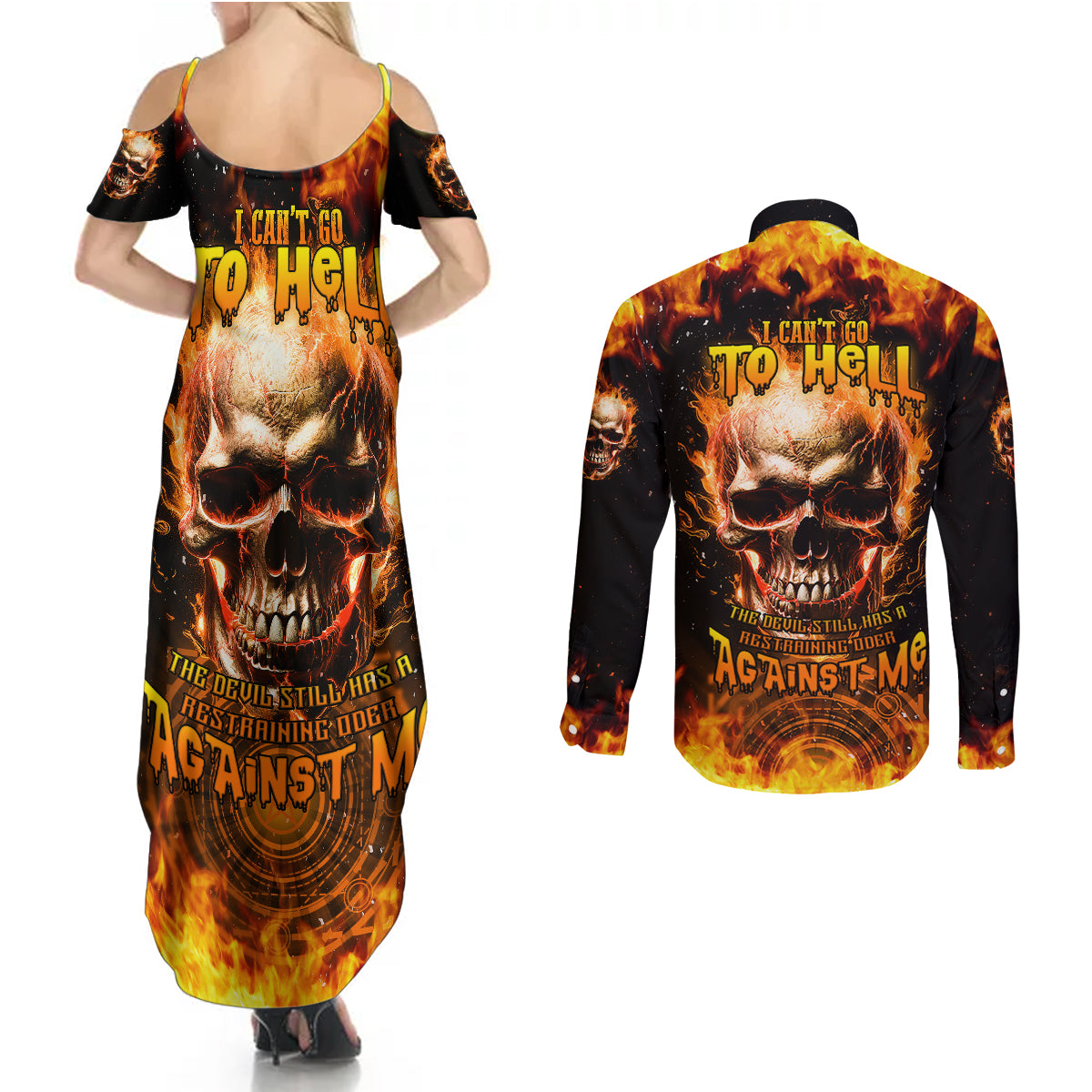 Magic Fire Skull Couples Matching Summer Maxi Dress and Long Sleeve Button Shirts I Can't Go To Hell The Devil Still Has A Rest Training Oder Against Me - Wonder Print Shop