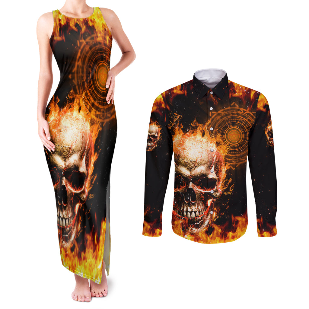 Magic Fire Skull Couples Matching Tank Maxi Dress and Long Sleeve Button Shirts I Can't Go To Hell The Devil Still Has A Rest Training Oder Against Me - Wonder Print Shop