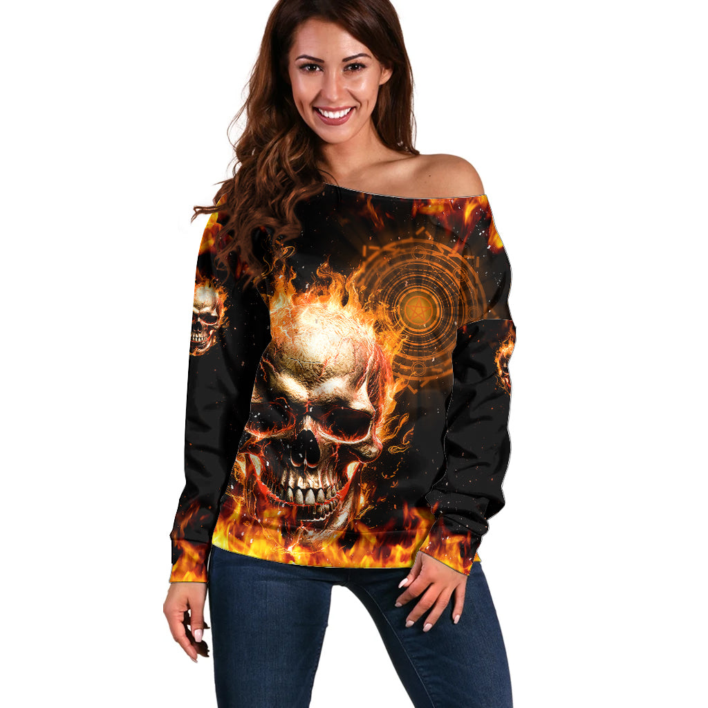 Magic Fire Skull Off Shoulder Sweater I Can't Go To Hell The Devil Still Has A Rest Training Oder Against Me - Wonder Print Shop