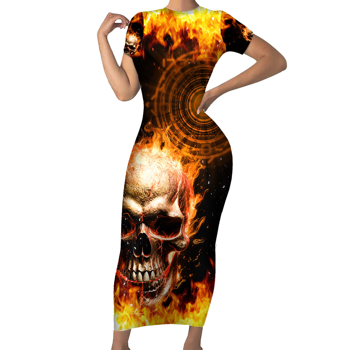 Magic Fire Skull Short Sleeve Bodycon Dress I Can't Go To Hell The Devil Still Has A Rest Training Oder Against Me - Wonder Print Shop