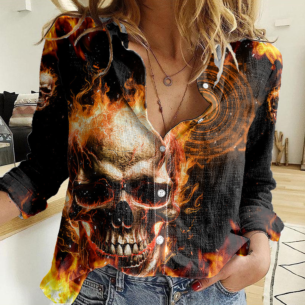 Magic Fire Skull Women Casual Shirt I Can't Go To Hell The Devil Still Has A Rest Training Oder Against Me - Wonder Print Shop