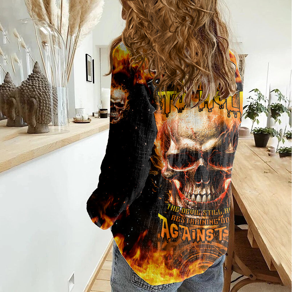 Magic Fire Skull Women Casual Shirt I Can't Go To Hell The Devil Still Has A Rest Training Oder Against Me - Wonder Print Shop