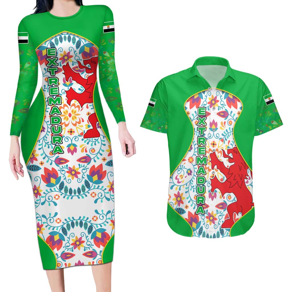 Extremadura Flag Couples Matching Long Sleeve Bodycon Dress and Hawaiian Shirt Autonomous Community of Spain - Wonder Print Shop