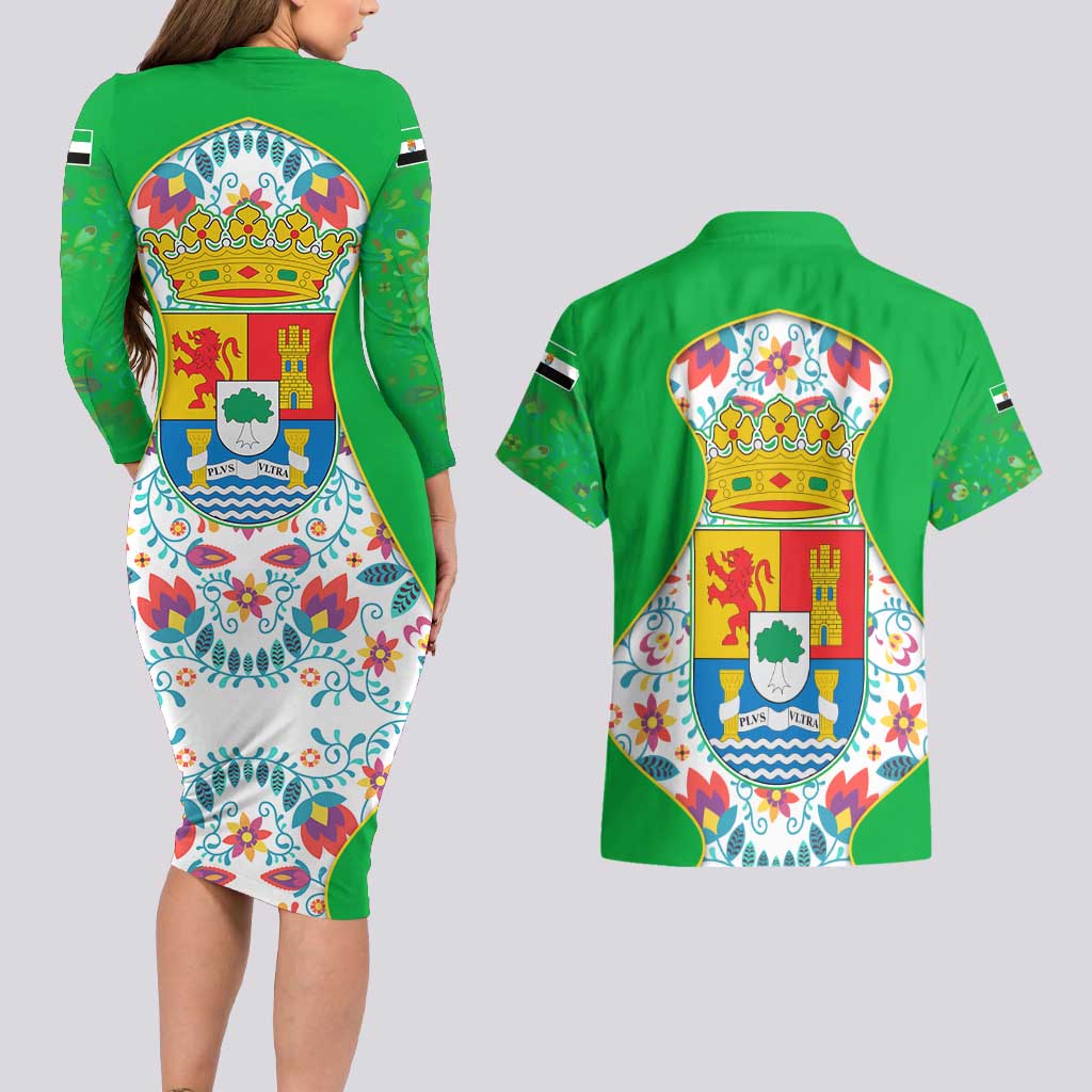 Extremadura Flag Couples Matching Long Sleeve Bodycon Dress and Hawaiian Shirt Autonomous Community of Spain - Wonder Print Shop