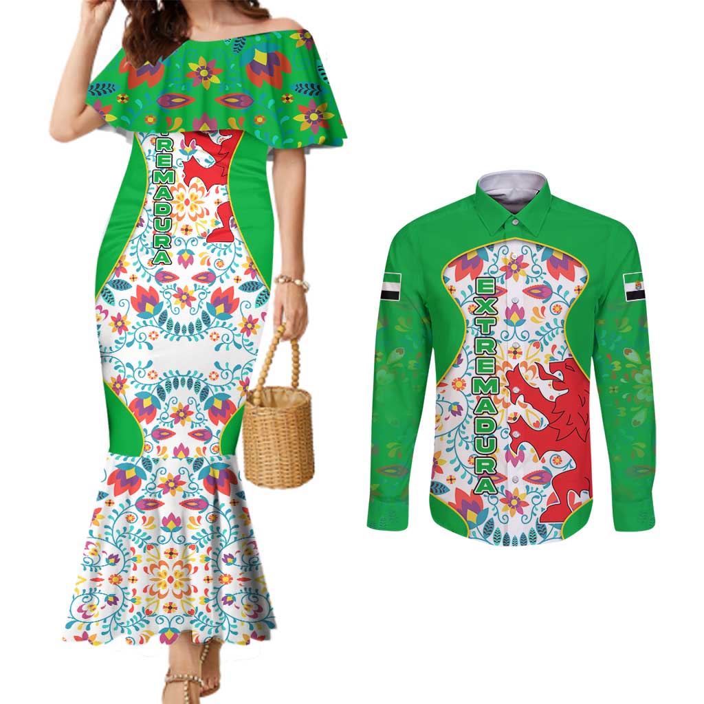 Extremadura Flag Couples Matching Mermaid Dress and Long Sleeve Button Shirt Autonomous Community of Spain - Wonder Print Shop
