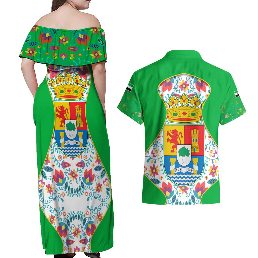 Extremadura Flag Couples Matching Off Shoulder Maxi Dress and Hawaiian Shirt Autonomous Community of Spain - Wonder Print Shop