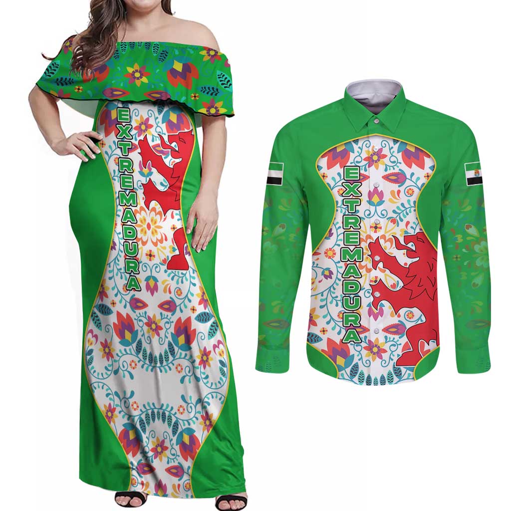 Extremadura Flag Couples Matching Off Shoulder Maxi Dress and Long Sleeve Button Shirt Autonomous Community of Spain - Wonder Print Shop