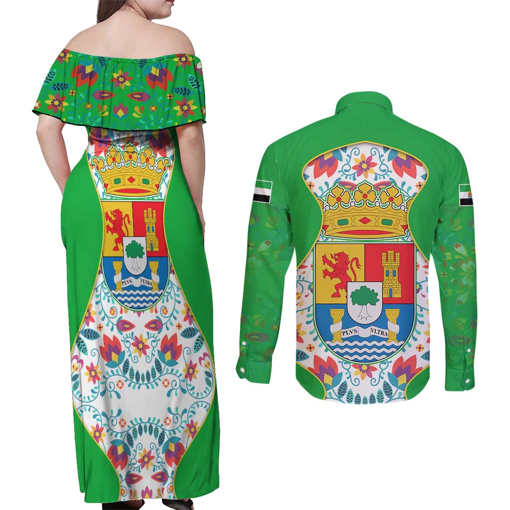 Extremadura Flag Couples Matching Off Shoulder Maxi Dress and Long Sleeve Button Shirt Autonomous Community of Spain - Wonder Print Shop