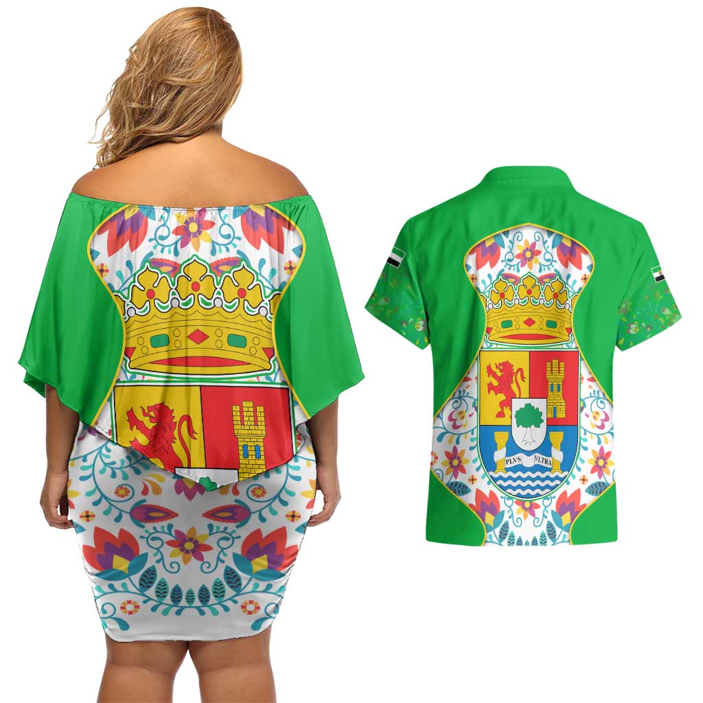 Extremadura Flag Couples Matching Off Shoulder Short Dress and Hawaiian Shirt Autonomous Community of Spain - Wonder Print Shop
