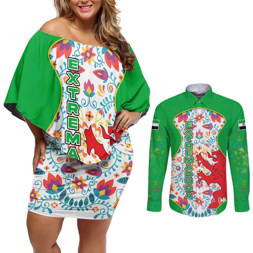 Extremadura Flag Couples Matching Off Shoulder Short Dress and Long Sleeve Button Shirt Autonomous Community of Spain - Wonder Print Shop