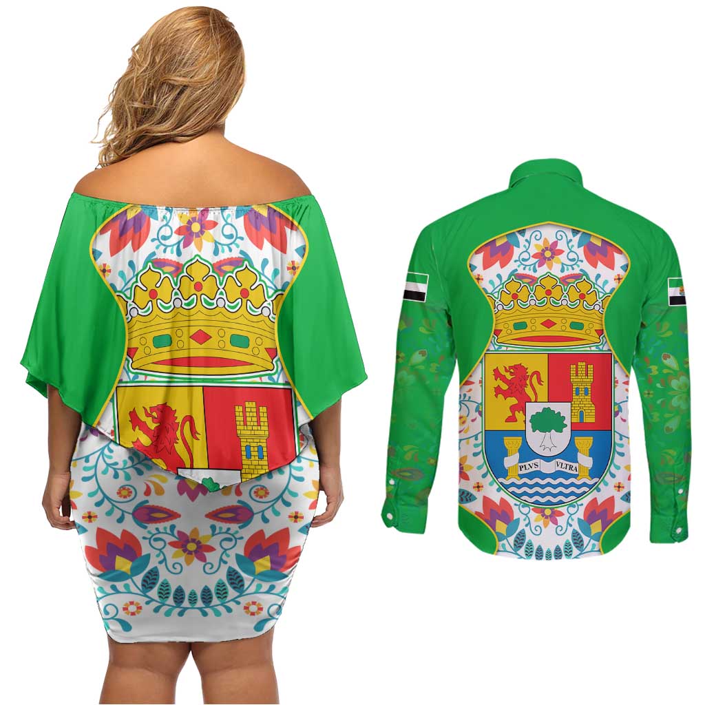 Extremadura Flag Couples Matching Off Shoulder Short Dress and Long Sleeve Button Shirt Autonomous Community of Spain - Wonder Print Shop