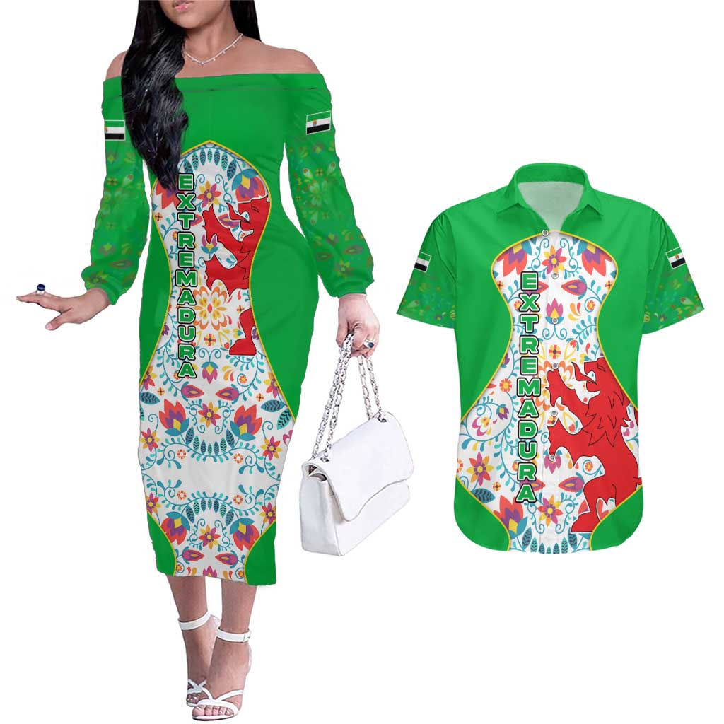 Extremadura Flag Couples Matching Off The Shoulder Long Sleeve Dress and Hawaiian Shirt Autonomous Community of Spain - Wonder Print Shop