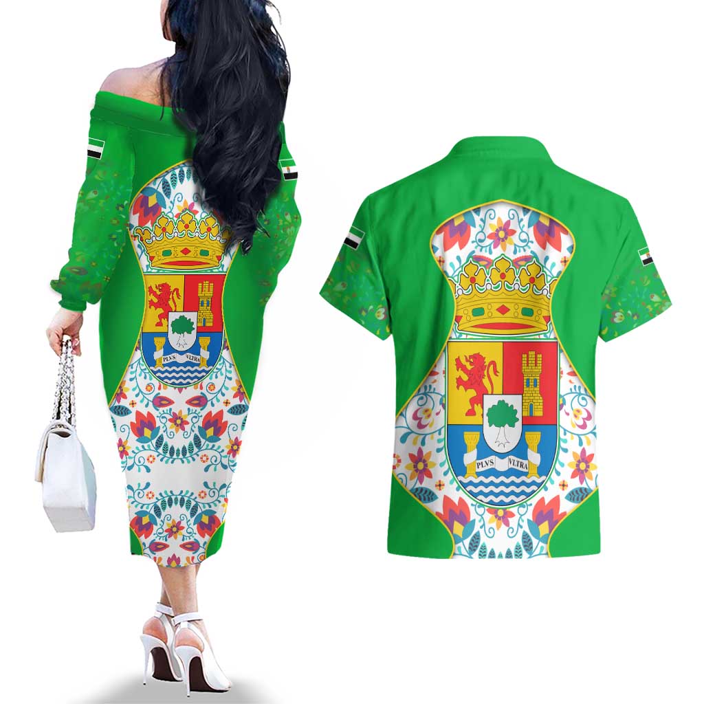Extremadura Flag Couples Matching Off The Shoulder Long Sleeve Dress and Hawaiian Shirt Autonomous Community of Spain - Wonder Print Shop