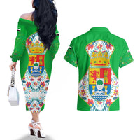 Extremadura Flag Couples Matching Off The Shoulder Long Sleeve Dress and Hawaiian Shirt Autonomous Community of Spain - Wonder Print Shop