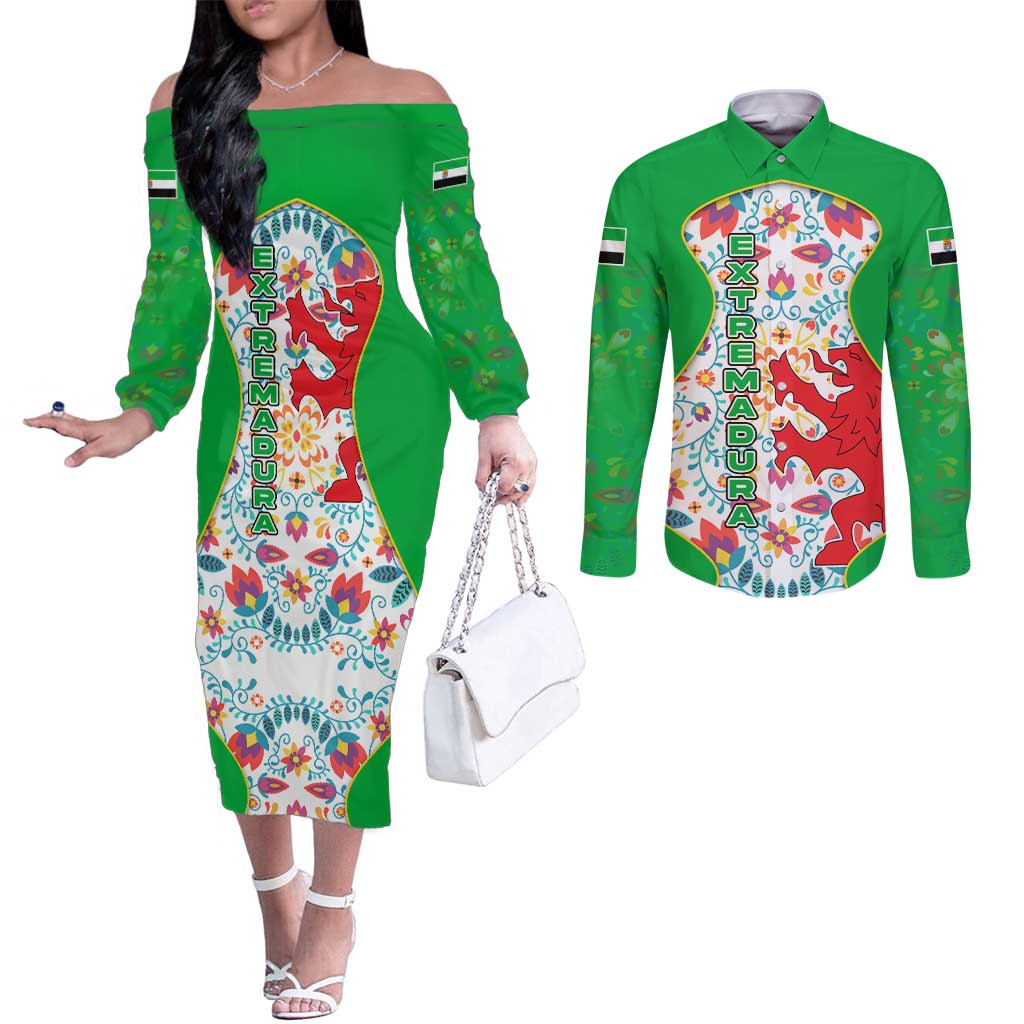 Extremadura Flag Couples Matching Off The Shoulder Long Sleeve Dress and Long Sleeve Button Shirt Autonomous Community of Spain - Wonder Print Shop