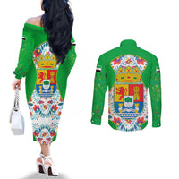 Extremadura Flag Couples Matching Off The Shoulder Long Sleeve Dress and Long Sleeve Button Shirt Autonomous Community of Spain - Wonder Print Shop