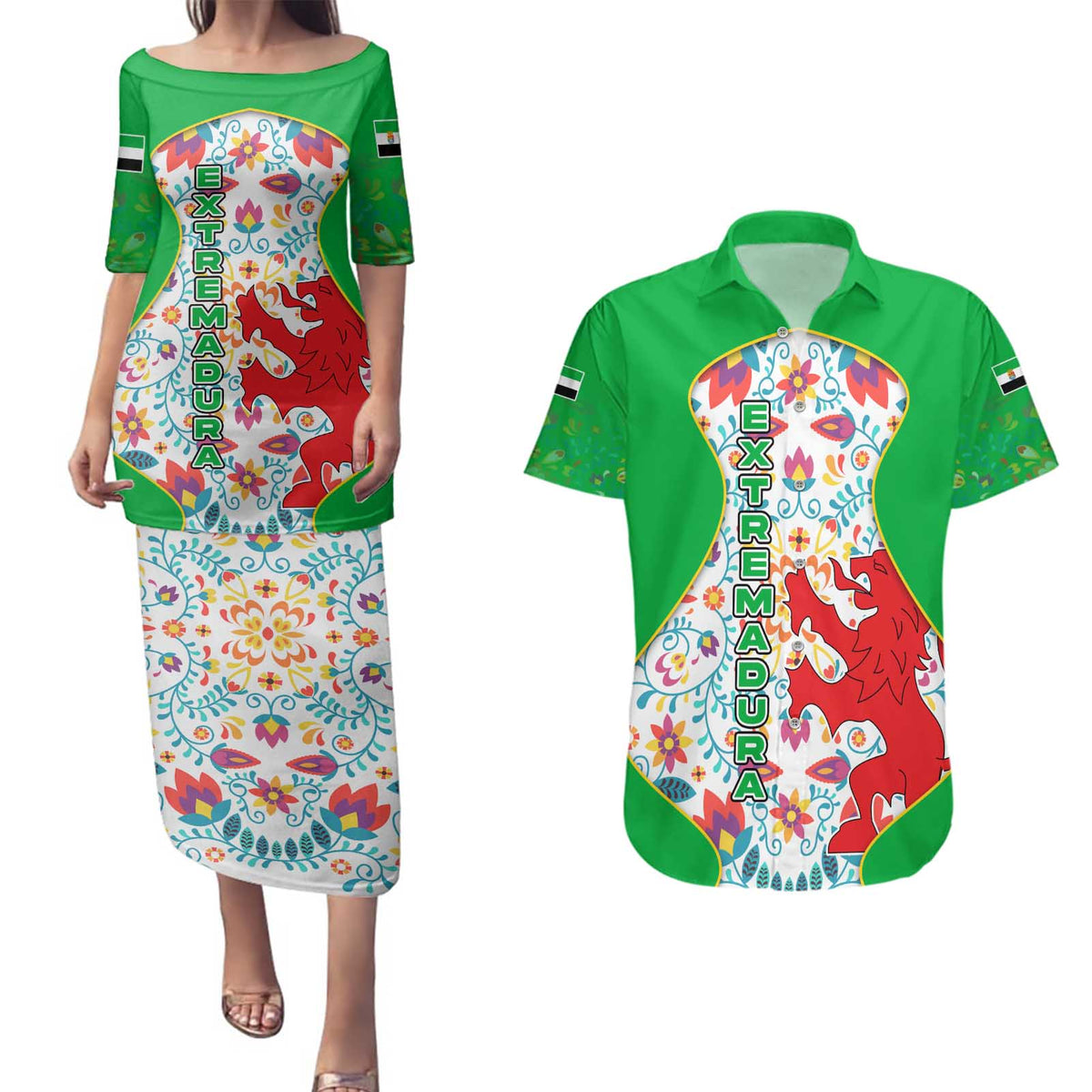 Extremadura Flag Couples Matching Puletasi and Hawaiian Shirt Autonomous Community of Spain - Wonder Print Shop