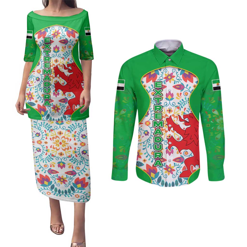 Extremadura Flag Couples Matching Puletasi and Long Sleeve Button Shirt Autonomous Community of Spain - Wonder Print Shop