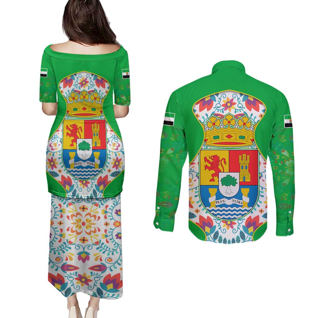 Extremadura Flag Couples Matching Puletasi and Long Sleeve Button Shirt Autonomous Community of Spain - Wonder Print Shop