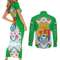 Extremadura Flag Couples Matching Short Sleeve Bodycon Dress and Long Sleeve Button Shirt Autonomous Community of Spain - Wonder Print Shop