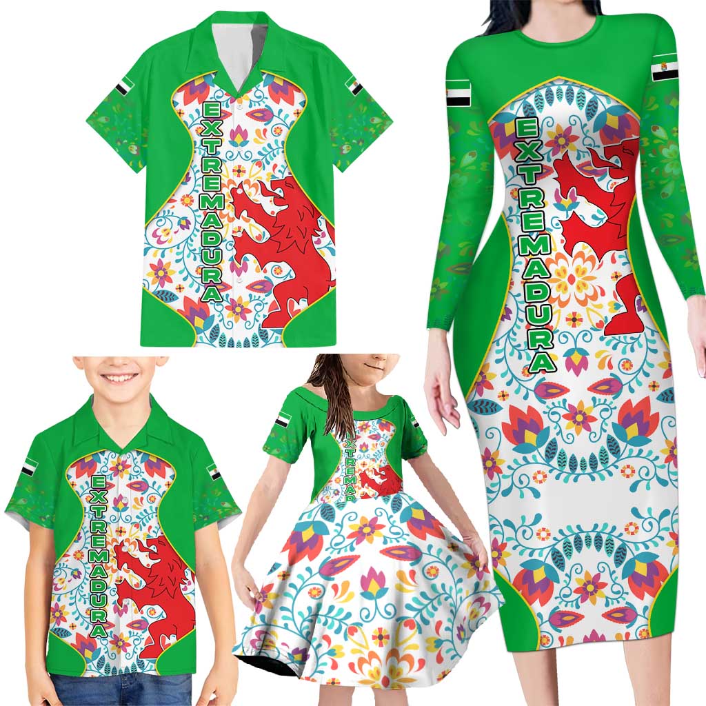 Extremadura Flag Family Matching Long Sleeve Bodycon Dress and Hawaiian Shirt Autonomous Community of Spain - Wonder Print Shop