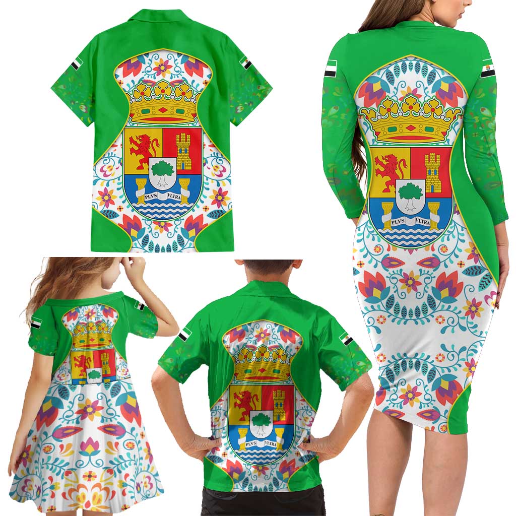 Extremadura Flag Family Matching Long Sleeve Bodycon Dress and Hawaiian Shirt Autonomous Community of Spain - Wonder Print Shop