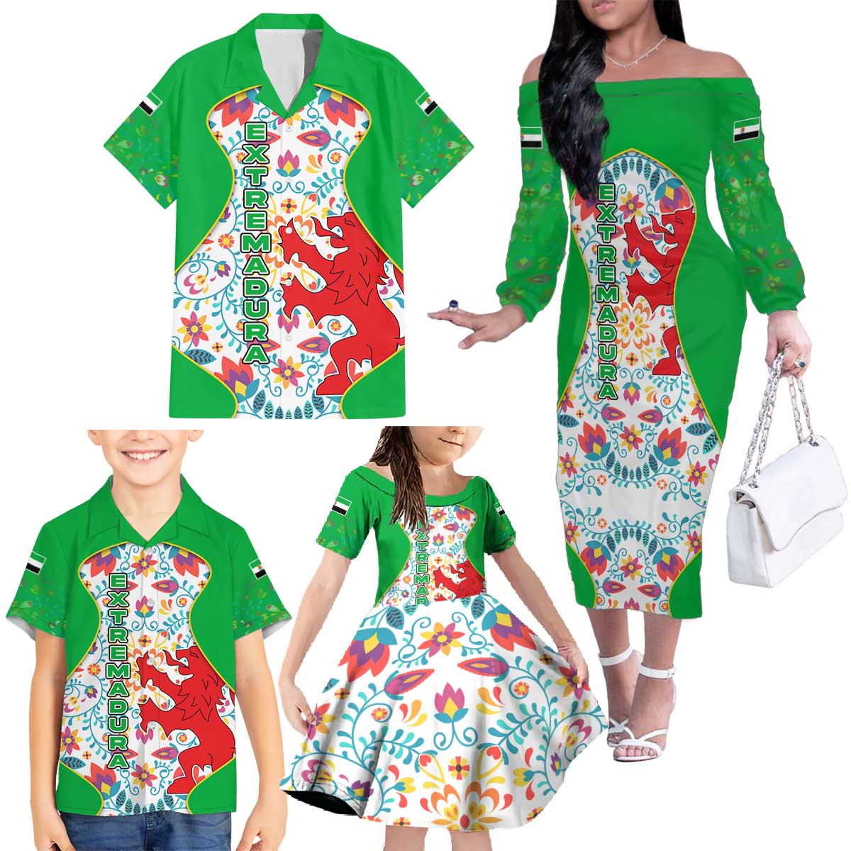 Extremadura Flag Family Matching Off The Shoulder Long Sleeve Dress and Hawaiian Shirt Autonomous Community of Spain - Wonder Print Shop