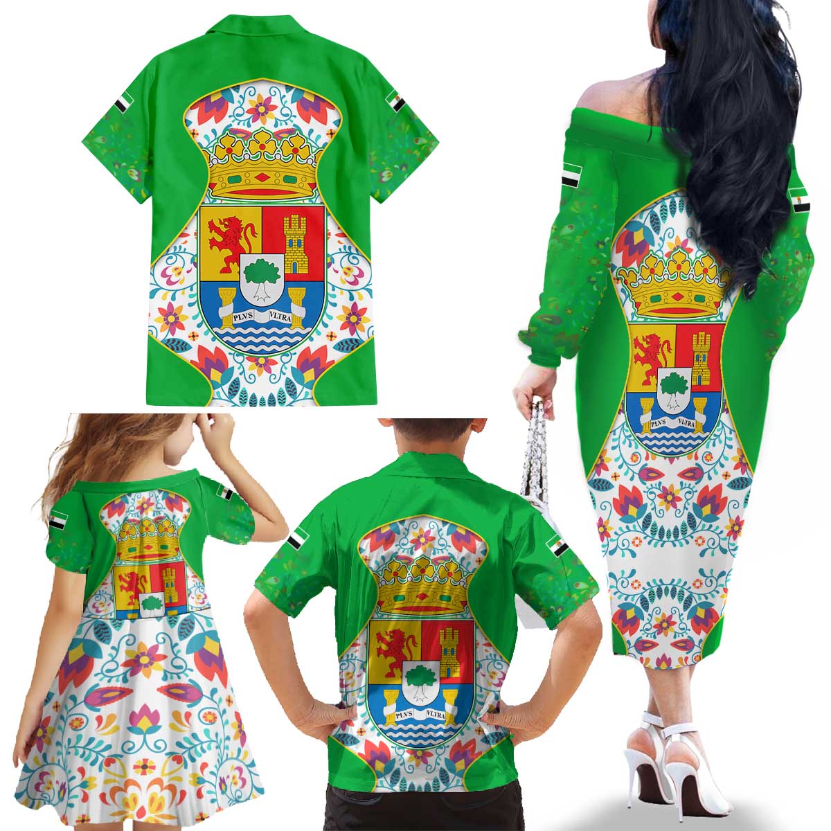 Extremadura Flag Family Matching Off The Shoulder Long Sleeve Dress and Hawaiian Shirt Autonomous Community of Spain - Wonder Print Shop