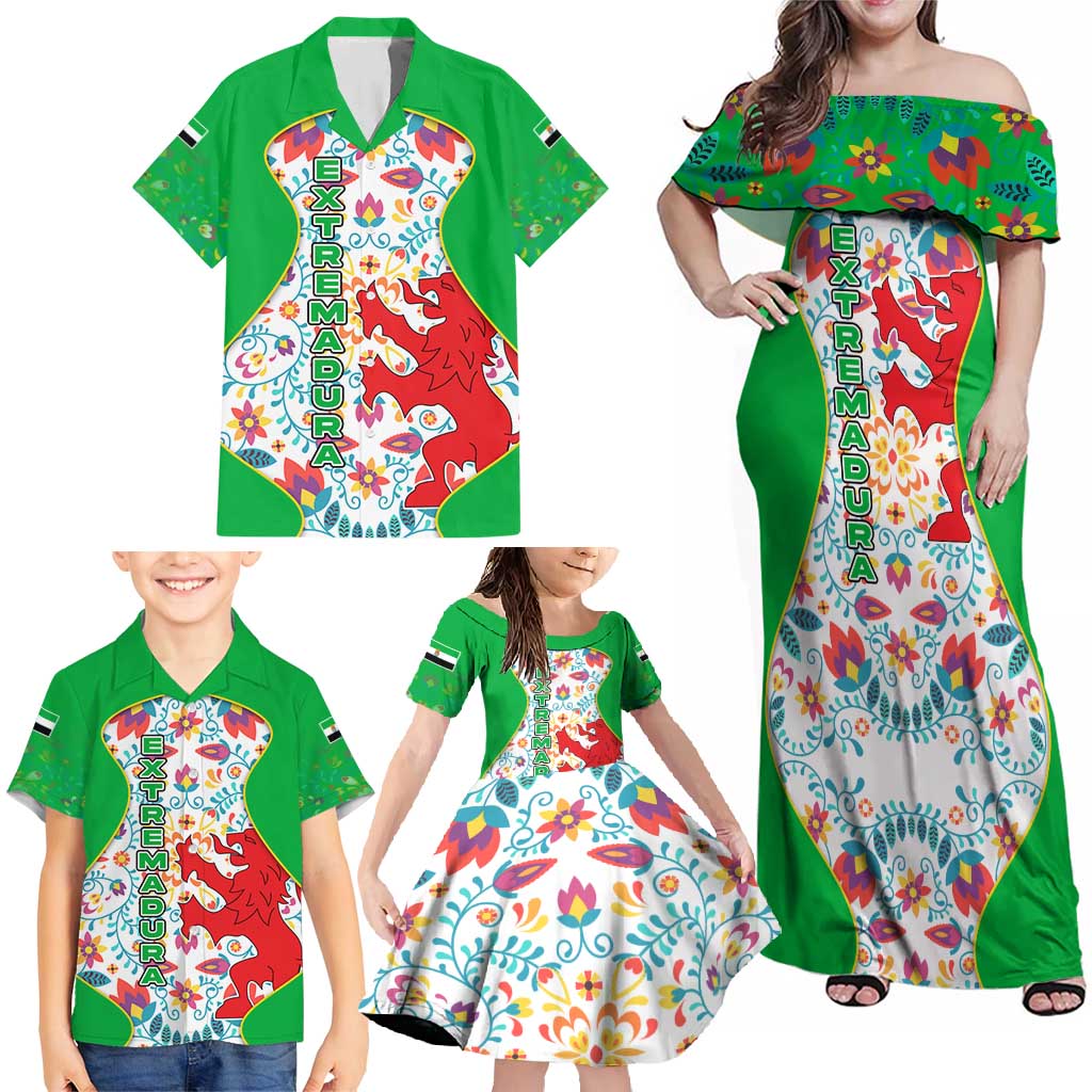 Extremadura Flag Family Matching Off Shoulder Maxi Dress and Hawaiian Shirt Autonomous Community of Spain - Wonder Print Shop