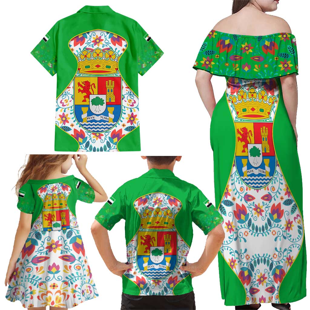 Extremadura Flag Family Matching Off Shoulder Maxi Dress and Hawaiian Shirt Autonomous Community of Spain - Wonder Print Shop